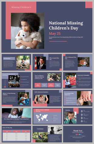 Slide deck with soft pink and navy theme, featuring images of children, covering child safety and abduction statistics.