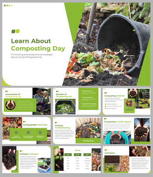 Slide deck featuring images of composting methods, benefits, and troubleshooting tips, with green accents.
