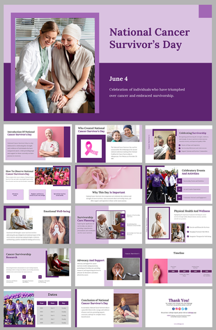Slide deck for cancer survivor's day featuring sections on emotional well-being, care planning, and advocacy.