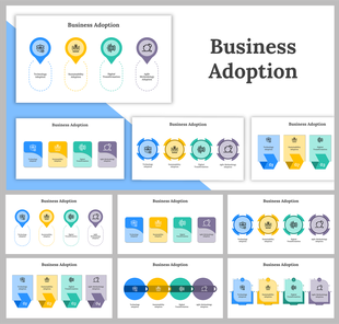 Slides showcasing the concept of business adoption with graphical elements and different layout designs with icons.