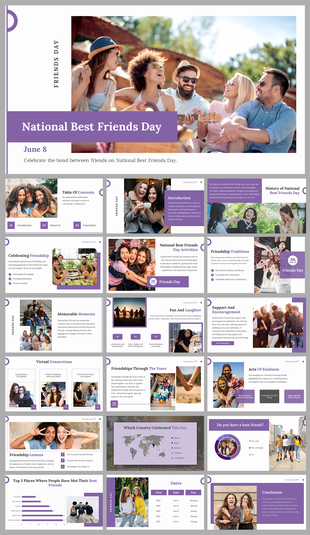 Side deck with purple accents, featuring photos of friends, and sections on friendship history and activities.