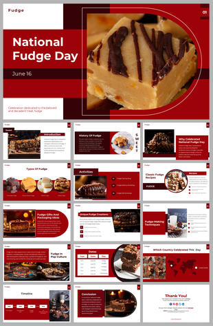 National fudge day cover slide deck with a close-up image drizzled with chocolate, set against a red-themed background.