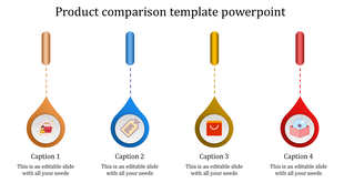 Comparison slide with four hanging droplet-shaped pointers in distinct colors, containing icons for e-commerce.