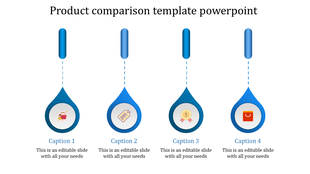 Product comparison PowerPoint slide with blue teardrop shapes, icons for shopping, price tags, awards, and shopping bags.