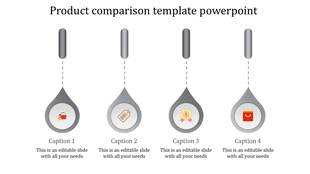 Product comparison PowerPoint slide featuring four icons for shopping, pricing, awards, and product selection.