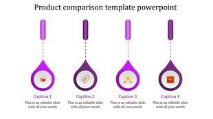 Purple themed product comparison slide with four vertical drop shapes containing icons for captions below.