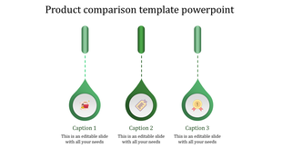Product comparison PowerPoint slide featuring three sections with icons and captions.