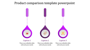 Purple themed product comparison layout with three teardrop shapes with icons and connected by dashed vertical lines.