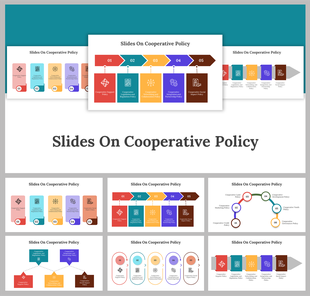 Slide deck featuring a variety of layouts with arrows, flowcharts, and icons representing different policy types.