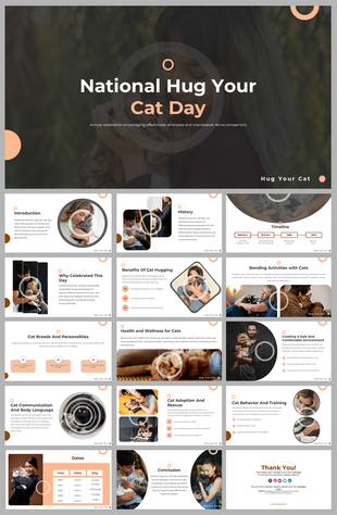 Educational slide deck for National Hug Your Cat Day, including details on cat breeds, personalities, and wellness.