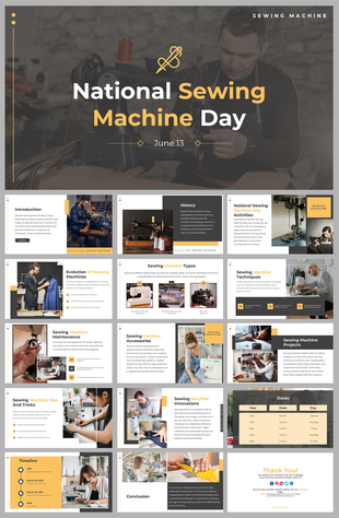 Slide deck for national sewing machine day showcasing key topics from machine accessories to historical timeline.