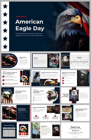 Slide deck on American eagle day, featuring conservation efforts, bald habitat, symbolism, and history.