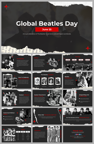 Beatles themed slide pack with black and white photos, red details, and segments on musical influence, members, and history.