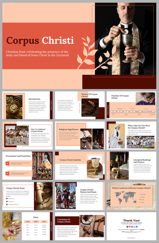 A pack of corpus christi slides discussing its religious significance, history, celebrations, and symbols.