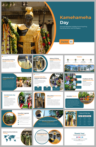 Slide deck commemorating with images, timelines, and information about King Kamehameha's legacy, in blue and yellow accents.
