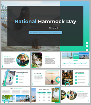National Hammock day slides featuring information on the history, benefits, and celebration of hammock and yoga.