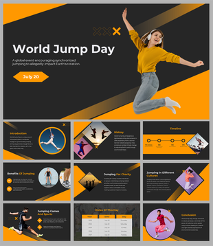 World Jump Day slide deck with black-orange theme,  photos of jumping, and placeholders for history, benefits, and timeline.