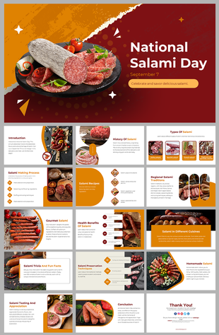 Sliced salami displayed with garnishes, alongside showing slides of national salami day on a red and orange background.