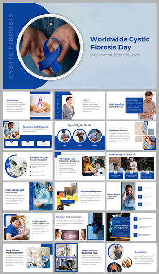 Slide deck with a blue and white theme featuring images and text, focusing on cystic fibrosis awareness and treatment.