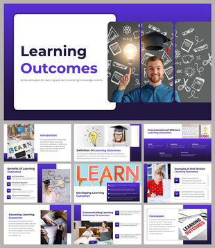 Learning outcomes cover slide with images of a lightbulb and graduate, surrounded by educational icons.