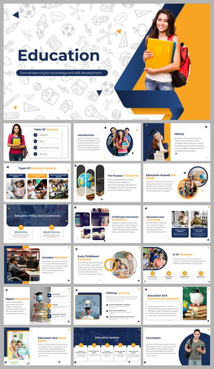 Education slide deck with white background, doodle icons, student visuals, and placeholders for types, systems, and topics.