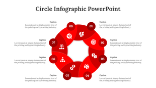 Eight part circular diagram in red, numbered 1 to 8, with white business icons in each section, surrounded by caption areas.