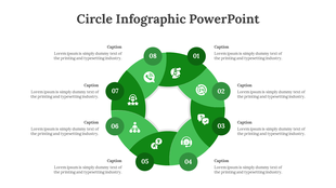 Green circular diagram with numbered sections, each featuring a icon representing business functions, with caption areas.