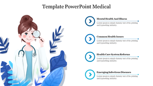 A slide with a medical illustration of a doctor holding a magnifying glass, by four placeholder text areas on the right side.