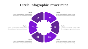 Circular infographic template with six purple sections, each with a placeholder for text and numbered labels.