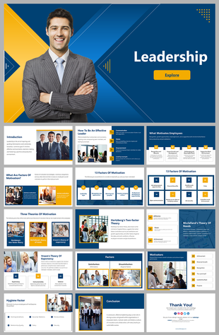 Leadership slides cover key factors in motivation, leadership theories, and strategies for employees on a blue theme.