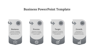 Four gray vertical panels with rounded tops, icons, and text for business steps on a white background.