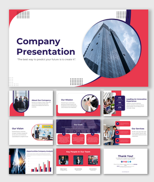 Slide deck in red and white with images and infographics, covering company goals, mission, services, and team profiles.