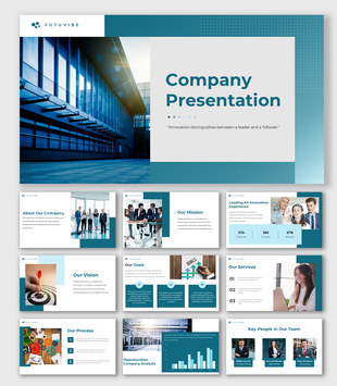 A professional company slide deck with a modern building image and sections highlighting the mission, goals, and team.