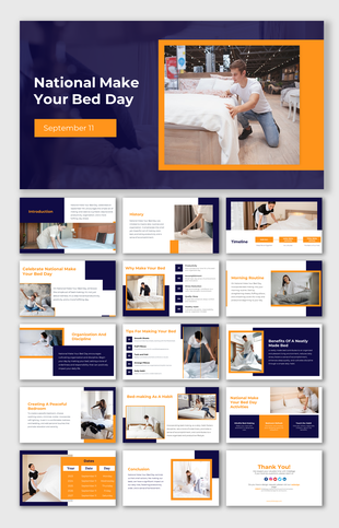 Slide deck with clean images of people making beds, emphasizing daily habits and routines with purple and orange accents.