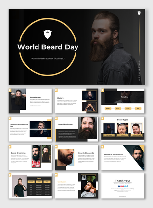 World beard day slide deck, including sections on beard history, evolution, grooming practices, and popular beard styles.