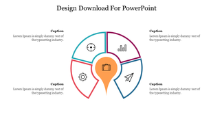 Circular infographic with four labeled segments, in orange, teal, pink, and blue, centered around a yellow home icon.