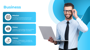 A business PowerPoint slide featuring a professional holding a laptop, with sections outlining mission, vision, and values.
