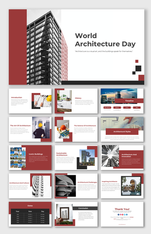 Slide deck featuring images of buildings, architecture styles, innovation, and notable structures, in red accents.