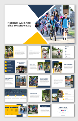 National walk and bike to school day slide deck with images of students biking and walking, framed by yellow and blue shapes.