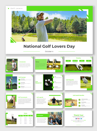 Green and white themed slide deck with golfer images, text sections, and layouts celebrating national golf lovers day.