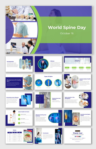 World spine day slide featuring spine illustrations, healthcare professionals, and posture advice.