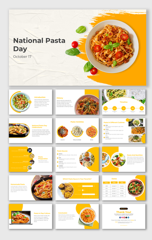 Slides with various pasta images, highlighting types, recipes, and role in pop culture, set against a yellow backdrop.
