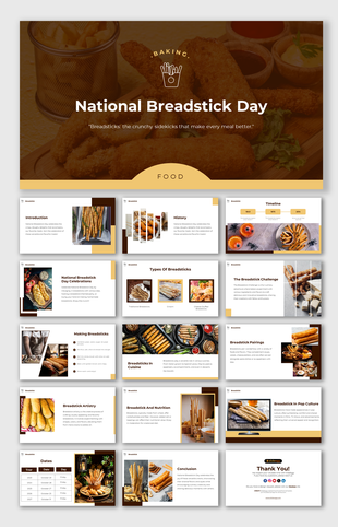 Food-themed slides on breadsticks, including sections on making, pairing, and their place in cuisine and nutrition.