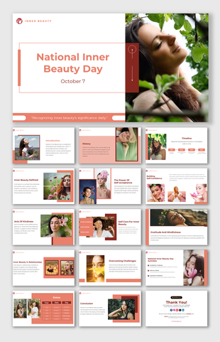 Slide deck on national inner beauty day with calming colors and content promoting self care, confidence, and compassion.