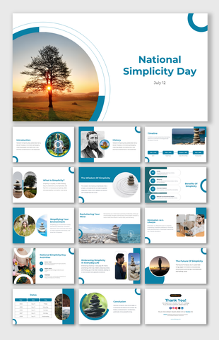 National Simplicity Day slides with clean layout,  photo frames, and segments on simplifying life, environment, and mind.