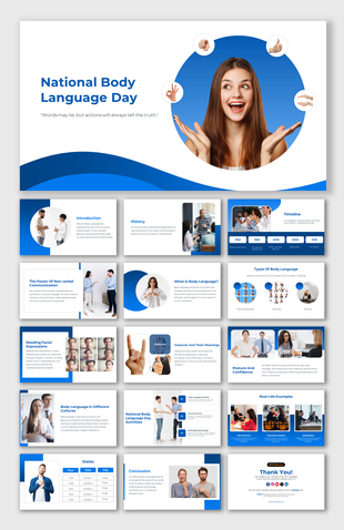 National Body Language day slides with a smiling woman and hand gestures representing body language.