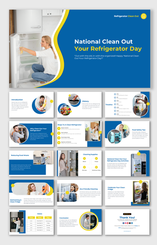 Clean refrigerator day slides in blue and yellow, offering tips on food safety, reducing waste, and eco friendly practices.