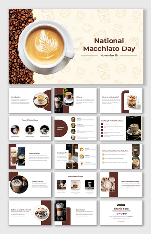 Slide deck celebrating macchiato coffee with sections on history, art, and pairings in a white and brown layout.
