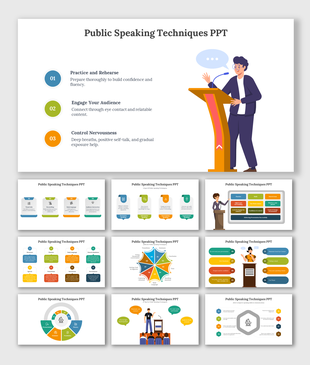 Slide deck showcasing public speaking techniques with icons and diagrams, with illustrations of podiums and speakers.
