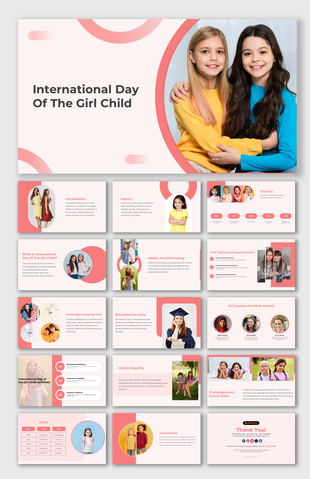 International day of the Girl Child PowerPoint with slides on girl empowerment, education, and health.